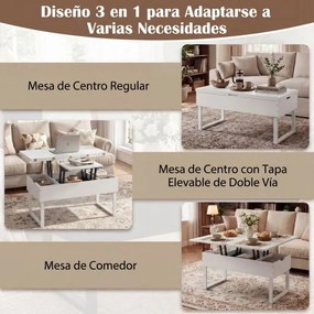 Mesa de centro conversível 3 em 1 com tampo elevável 100 x 50 x 49 cm e 3 compartimentos ocultos de madeira para sala de estar Branca