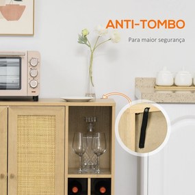 Aparador de Cozinha Móvel Buffet Auxiliar com 2 Portas de Vime Prateleira Aberta e Suporte para 6 Garrafas para Sala de Estar Sala de Jantar 83x39x88,