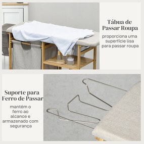 Cesto de Roupa Suja 57,4 L com Tábua de Passar Suporte para Ferro 3 Prateleiras e Bolsa Removível 113x34x82 cm Madeira e Cinza