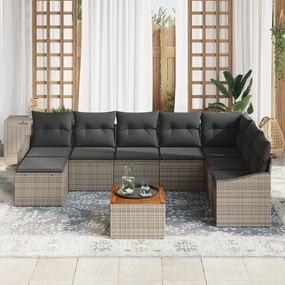 Conjunto de Sofá de Jardim de 9 Peças com Almofadas Cinzas Poli Rattan