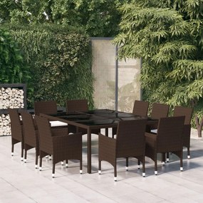 11 pcs conjunto de jantar para jardim vime PE castanho