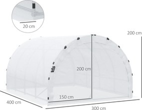 Estufa de jardim tipo túnel com área útil de 12 m² (4 m de comprimento x 3 m de largura x 2 m de altura), estrutura tubular reforçada de 25 mm, porta