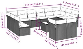 13 pcs conj. sofás jardim c/ almofadões vime PE cinzento-claro