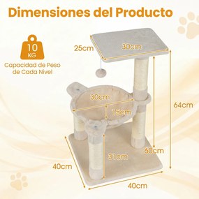 Arranhador para gatos 40 x 40 x 64 cm com rede, postes revestidos a sisal e bola de brincar bege