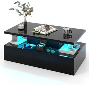 Mesa de centro LED de 2 níveis com cores de luz ajustáveis em formato retangular contemporâneo para sala de estar 110 x 60 x 40 cm Preto