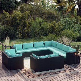 vidaXL 11 pcs conjunto lounge de jardim c/ almofadões vime PE preto