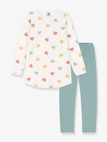 Conjunto camisa de dormir e leggings, corações, em veludo, para criança, da Petit Bateau branco estampado