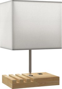 HOMCOM Candeeiro de Mesa com Portas USB-A/C Três Ranhuras para Telemóveis Base de Madeira e Ecrã de Tecido E27 40W 25x20x40,5 cm Branco | Aosom Portugal