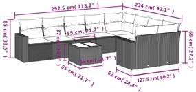 10 pcs conjunto sofás de jardim c/ almofadões vime PE cinzento