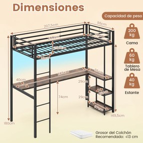 Cama alta 200 x 90 cm com secretária para crianças com estação de carregamento LED  de metal com corrimão e escada preta