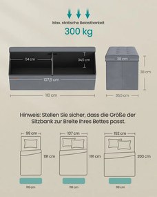 Banco com espaço de arrumação e tampa rebatível 38 x 110 x 38 cm cinzento ardósia