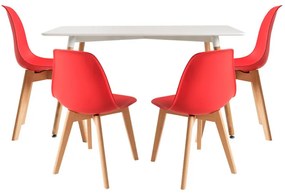 Conjunto Mesa Tower Retangular 120 x 80 cm Branca e Pack 4 Cadeiras Kelen - Vermelho