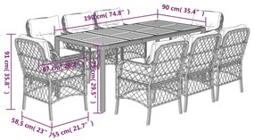 9 pcs conjunto de jantar p/ jardim c/ almofadões vime PE cinza