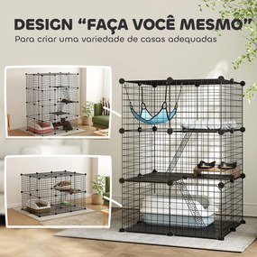 Gaiola Interior para Gatos de 3 Níveis em Aço com 3 Portas, 2 Escadas e Rede, 70x70x105 cm, Preto