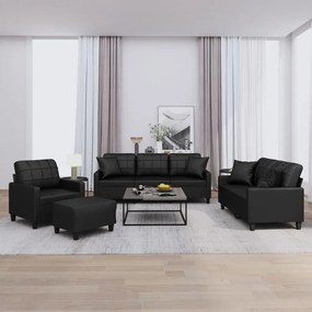 4 pcs conjunto de sofás com almofadas couro artificial preto