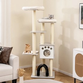 Arranhador Gatos 176 cm de 6 níveis com tapetes confortáveis, caverna e arco para gatos em cinzento