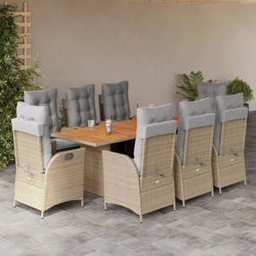 vidaXL 9 pcs conj. jantar jardim c/ almofadões vime PE bege misturado