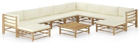 11 pcs conj. lounge jardim em bambu c/ almofadões branco nata