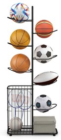 Estante de armazenamento de bolas de 7 níveis Estante de basquetebol com 7 barras de suspensão amovíveis e cesto lateral para bolas