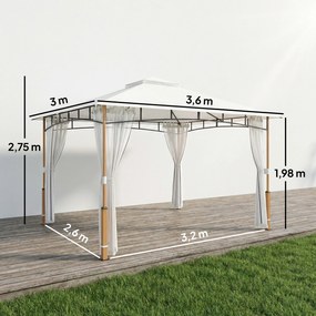 Pérgola para Jardim 3x3,6 m com Telhado Duplo Paredes de Rede UPF50+ Estrutura Metálica Creme e Teca