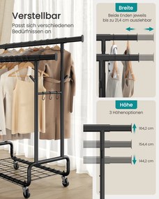 Guarda roupa aberto, cabide ajustavel, com prateleira e ganchos 52,5 x (107-149,8) x (144,2-164,2) preto