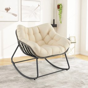 Cadeira de baloiço de rattan para exterior, cadeira de vime em PE com almofada grossa e removível, para sala de estar, varanda e jardim, Cinza misto e