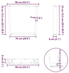 Mesa de jantar pernas 2pcs forma de V 90x(72-73,3)cm aço branco