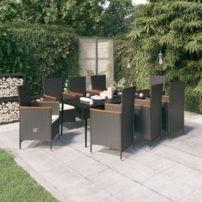 vidaXL 9 pcs conjunto de jantar para jardim com almofadões preto