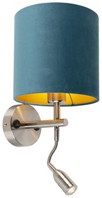 LED Candeeiro de parede em aço com luz de leitura e abajur em veludo 20/20/20 azul Moderno