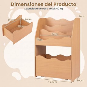 Estante Infantil para Brinquedos, 49,5 x 30 x 76 cm, Gaveta com Rodas Removível, Natural