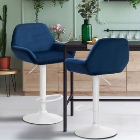 Conjunto de 2 bancos altos em veludo com estrutura branca 89-109 x 51 x 52 cm azul