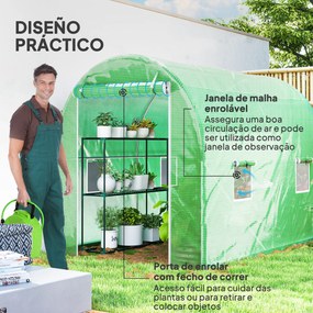 Estufa Tipo Túnel 298x197x189 cm com Porta e 4 Janelas para Cultivo de Plantas e Verduras com Cobertura PE 140g/㎡ Verde