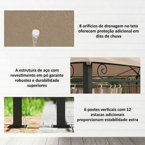 Pérgola para Jardim 3x4 m Pérgola de Exterior com Telhado Duplo 6 Paredes Laterais Estrutura Metálica Caqui