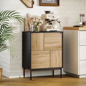 Aparador de sala 60 x 35 x 78 cm, móvel de arrumação, armário de cozinha com portas de empurrar e 4 armários de estilo moderno, preto, efeito de madei