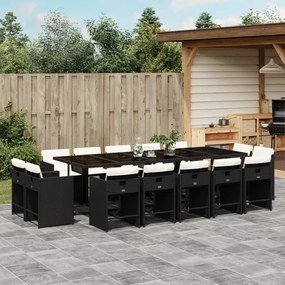 vidaXL 15 pcs conjunto de jantar p/jardim com almofadões vime PE preto