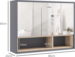 Móvel de casa de banho parede com espelho 80 x 20 x 60 cm, com 3 portas e 8 compartimentos, cinzento