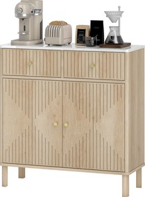 Aparador, móvel de arrumação 77 x 30 x 80 cm com ranhuras e tampo com efeito de mármore, 2 gavetas, 2 portas, prateleira ajustável, cor carvalho