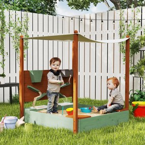 Caixa de Areia para Crianças de Madeira com Teto 2 Assentos 2 Caixas Torneira Funil 116x112,5x128 cm Verde