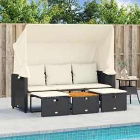 vidaXL Sofá de jardim de 3 lugares com toldo e bancos vime PE preto