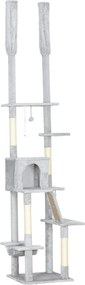 Árvore para gatos do chão ao teto, com arranhador, altura ajustável de 225 a 255 cm, 6 níveis e nicho com rede, cinza claro
