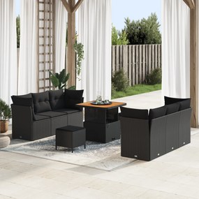 Conjunto de Sofá de Jardim VidaXL de 9 Peças com Almofadas Preto Rattan Poli Acácia