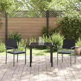 Conjunto de Jantar de Jardim 3 Peças com Almofadas Preto Rattan Poliés