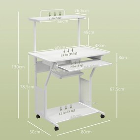 Secretária de Computador com Rodas, 80 x 50 x 130 cm, Prateleiras de Arrumação, Branca