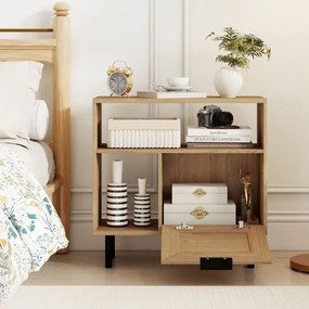 Movel pequeno arrumação 60 x 25,5 x 59 cm em rattan com prateleira de arrumação e pernas em metal para espaços pequenos, sala ou quarto, natural