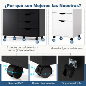 Armário de arquivo escritório com 5 gavetas com 4 rodas giratórias com porta 78 x 39 x 65 cm Preto