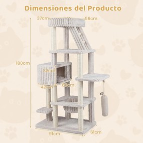 Árvore para Gatos Multinível, 91 x 61 x 180 cm, Sistema Antitombo, Bege