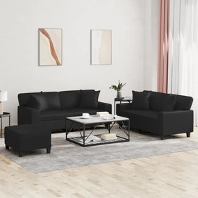 3 pcs conjunto de sofás com almofadas couro artificial preto