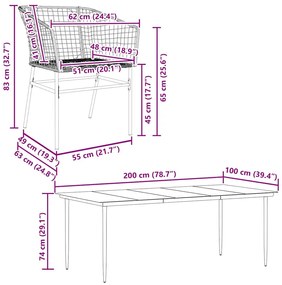 Conjunto de jantar jardim 7 peças vidro vime PE preto