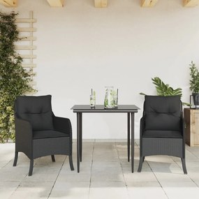 3 pcs conjunto de jantar p/ jardim c/ almofadões vime PE preto
