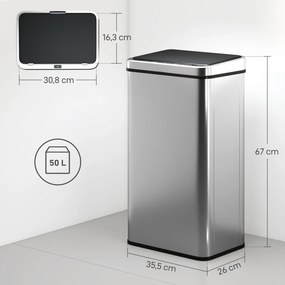 Caixote do Lixo de Cozinha com Sensor, 35,5 x 26 x 67 cm, Capacidade de 50 L, Prateado